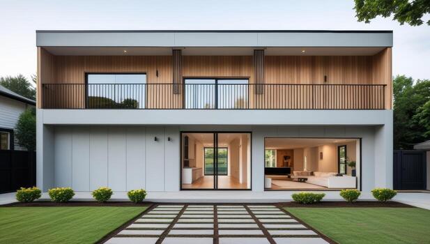 Modern minimalist house exterior with a well maintained lawn and a serene architectural design photo