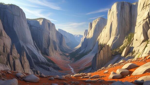 Spectacular vista of a canyon valley with towering rock formations and a serene atmosphere photo