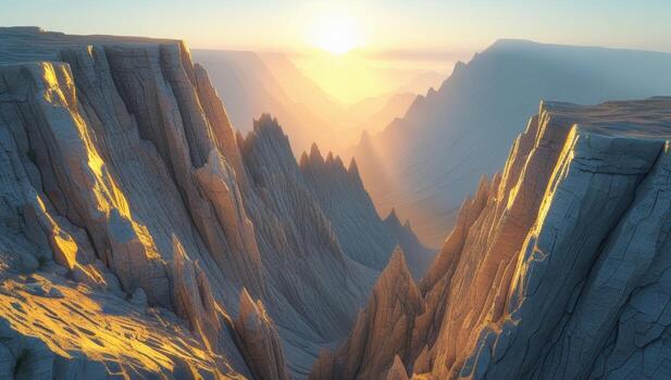 Majestic canyon landscape illuminated by the radiant glow of the setting sun creating a picturesque view photo