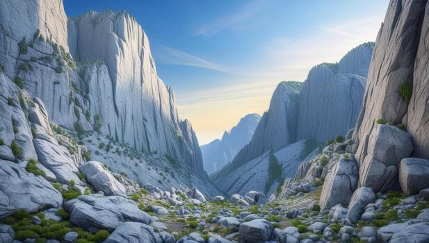 Majestic Rock Formations Creating a Serene Valley Landscape Under a Soft Sky photo