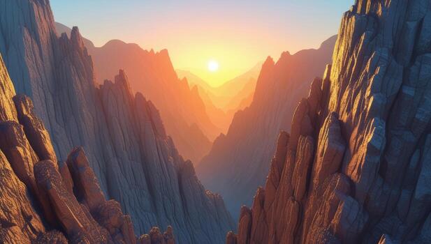 Majestic mountain range at sunrise displaying layered peaks and the golden glow photo
