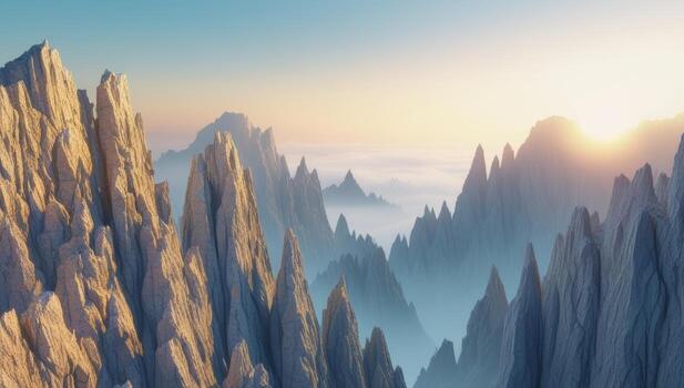 Majestic Mountainscape at Dawn with Fog and Peaks, Evoking Serenity and Wonder photo