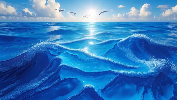 Serene seascape featuring gentle ocean waves bathed in sunlight and soaring birds photo