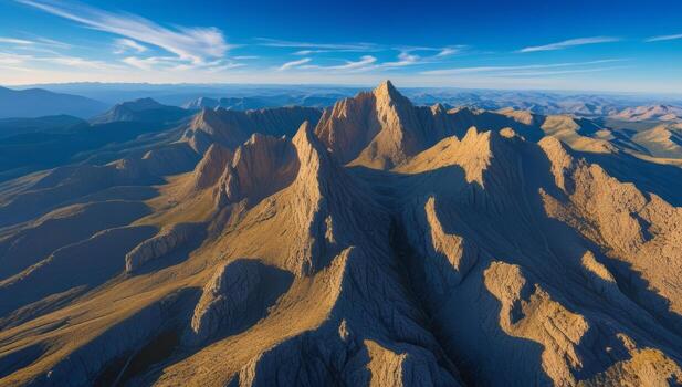 Dramatic Mountain Range Landscape Under a Vast Sky with Wispy Clouds at Golden Hour photo