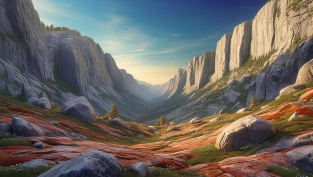 Panoramic view of a grand canyon with dramatic rock formations and tranquil atmosphere photo