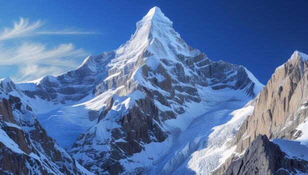 Snow-capped mountain peak rises against a clear azure sky, displaying an imposing landscape photo