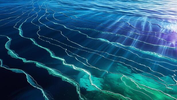 Underwater seascape with sunbeams illuminating the ocean floor textures and patterns photo