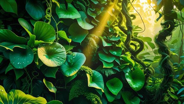 Lush green foliage and twisted vines create a natural background with filtered sunlight photo