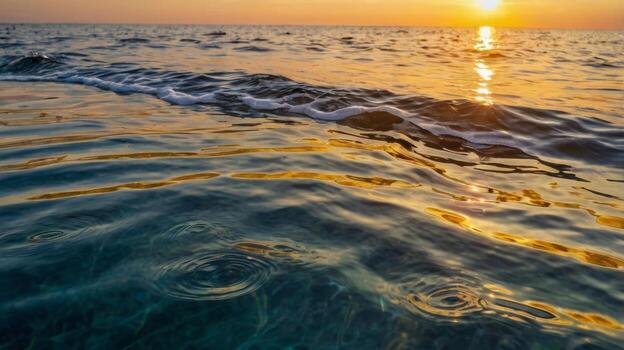 Golden hour sunlight reflecting on gentle ocean waves creating mesmerizing patterns photo