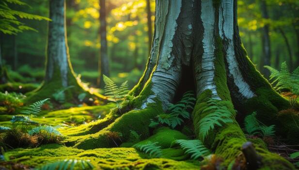Enchanting forest floor with moss-covered tree roots and ferns bathed in golden sunlight photo