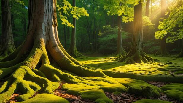 Enchanted forest scenery with moss-covered roots and ethereal sunlight streaming through the trees photo