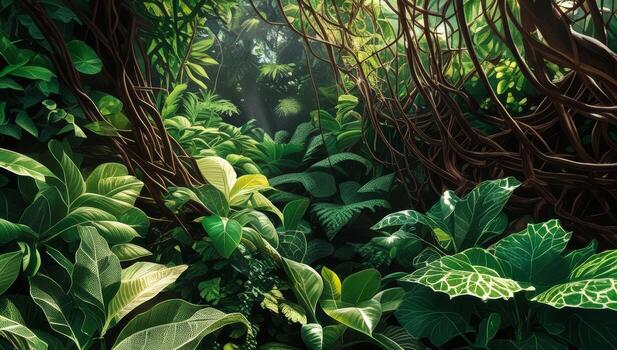 Dense foliage and intertwining roots in a thriving tropical ecosystem backdrop photo