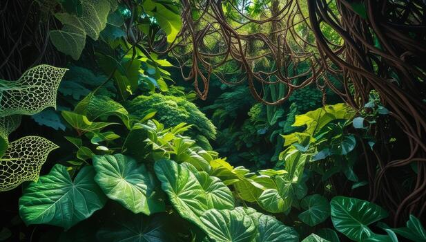 Lush jungle foliage with hanging vines and intricate leaf patterns under diffused light photo