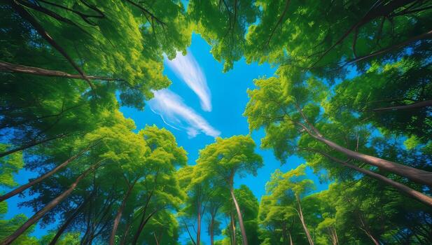 Forest Canopy View with Sky Glimpses through Green Trees, Capturing Upward Perspective photo