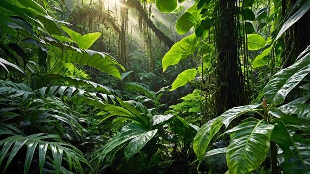 lozano selva paisaje presentando denso vegetación y suave difundido luz de sol corrientes foto