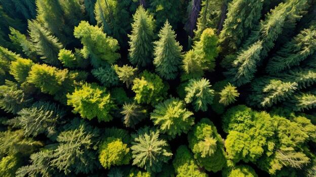 Aerial perspective captures dense evergreen forest canopy showcasing natural patterns photo