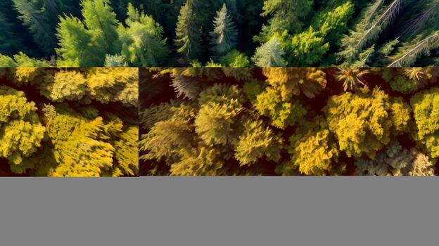 Aerial perspective of a dense canopy of vibrant green trees in a thick forest photo