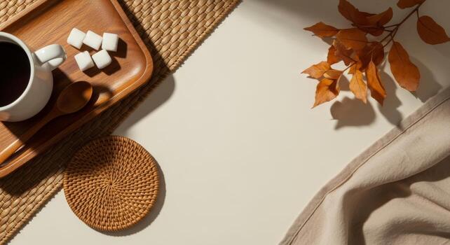 Autumn Coffee Break with Blank Paper Mockup. photo