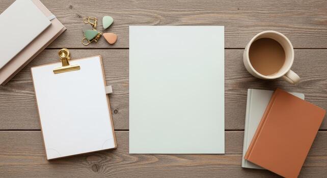 Blank Paper Workspace with Coffee. photo