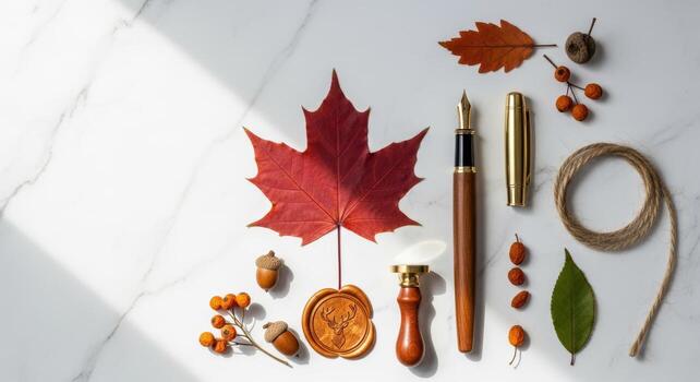 Autumn Still Life with Maple Leaf and Writing Tools. photo