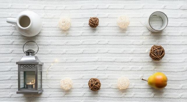 Cozy autumn flat lay frame with lantern, pear, and rustic decor on a white wooden background. photo