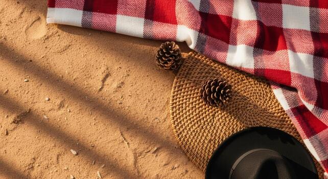 Summer picnic flat lay on the sand with checkered blanket and hat. photo