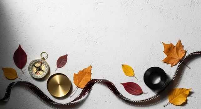 Autumnal Composition with Compass, Leaves, and Ribbon. photo