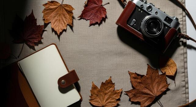 Vintage Camera and Notebook Surrounded by Autumn Leaves. photo
