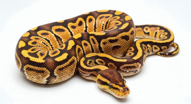Captivating Ball Python Serpent with Intricate Yellow and Brown Pattern on White Background photo