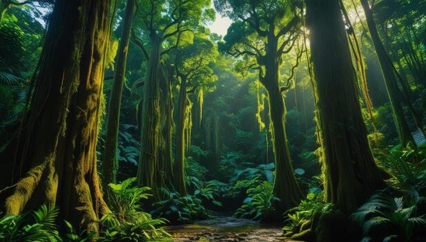 Sunlit Canopy A Lush Tropical Forest Landscape with Towering Trees and Vibrant Flora photo