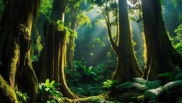 Enchanting Sunlight Beams Through Emerald Canopy in Lush Rainforest Scenery photo