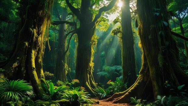 Enchanting sunlight through the foliage of an ancient rain forest canopy ecosystem photo