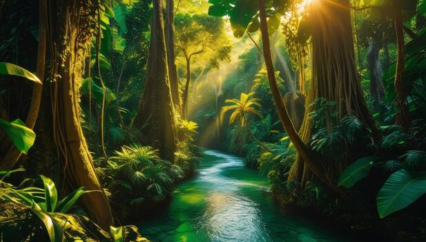 Lush tropical rainforest landscape with vibrant greenery and sunbeams filtering through the trees photo