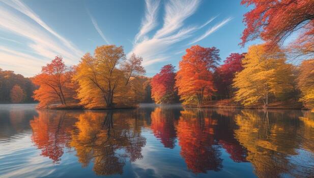 Scenic autumn lake reflection with colorful foliage and wispy cloudscape tranquility photo