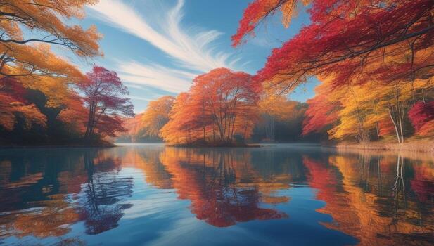 Autumnal serenity reflections of fiery trees on a tranquil lake beneath a wispy sky photo