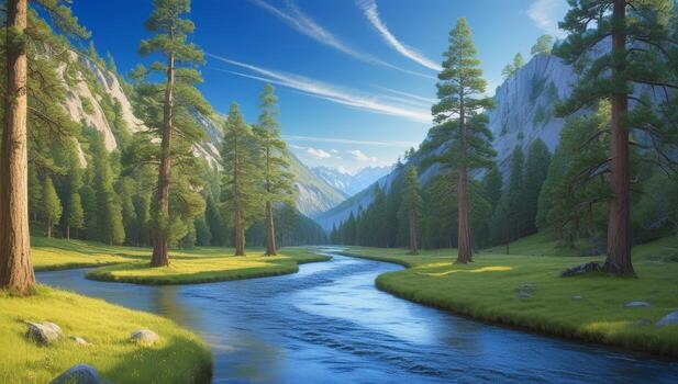 Serene river flowing through a lush valley landscape under a sunny sky with wispy clouds photo