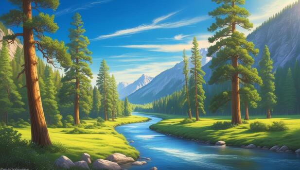 Serene mountain vista featuring river, lush greenery, and towering coniferous trees photo