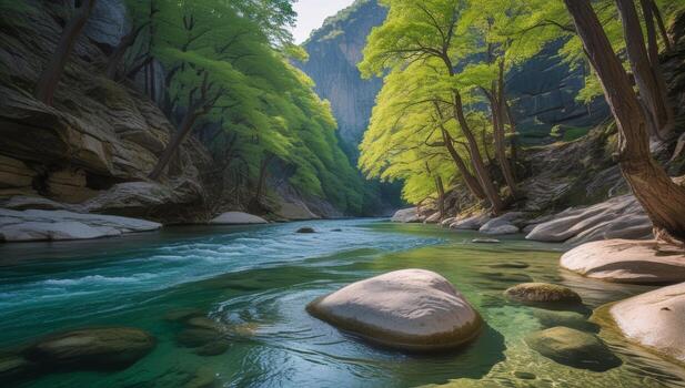 sereno río fluido mediante un rocoso garganta cubierto en verde follaje y difundido ligero foto