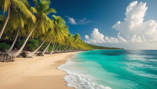 Idyllic tropical beach with turquoise waters and swaying palm trees under a clear sky photo