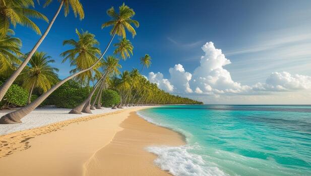 Serene tropical beach paradise with swaying palm trees and turquoise water creating a tranquil escape photo