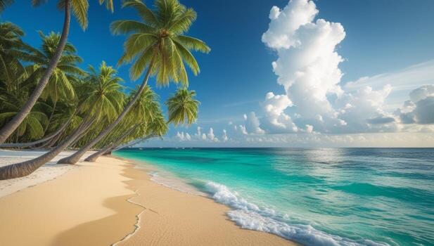 Idyllic tropical beach with pristine sand turquoise water and swaying palms trees photo