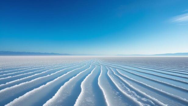 Surreal expanse of salt flats with patterned surfaces under a clear blue sky photo