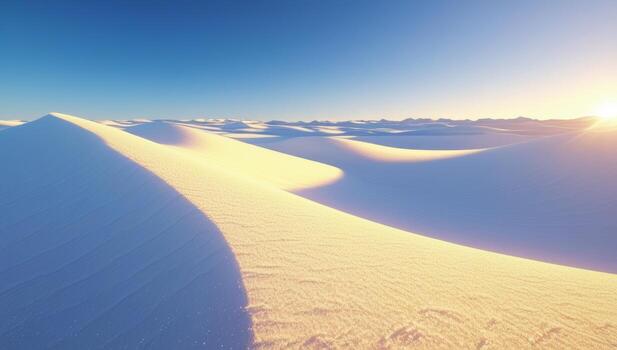 Sunlit serenity over the vast landscape of undulating dunes under clear azure skies photo