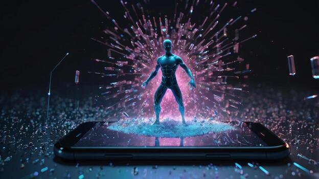 Digital transformation concept with a human figure emerging from a smartphone screen photo