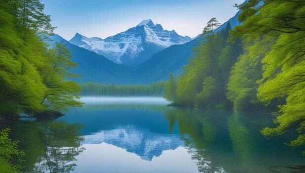 Snow Capped Mountain Reflected in Calm Lake Surrounded by Verdant Forest photo