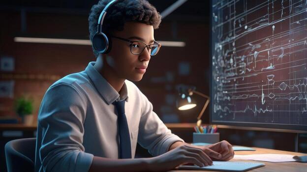 Engaged programmer immersed in code with headphones and focused workspace environment photo