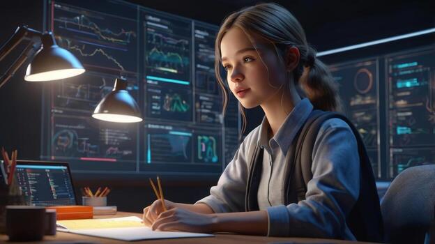 Young professional analyzing complex data displayed on multiple screens in modern workspace photo