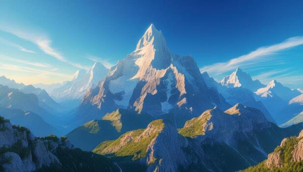 Magnificent vista of towering mountain ranges, embraced by the vast expanse of sky photo