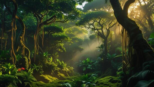 Lush Jungle Canopy Illuminated by Sunbeams, displaying dense foliage and complex root systems photo
