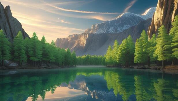 Majestic mountain scenery reflecting on a tranquil lake, surrounded by lush green coniferous forests photo